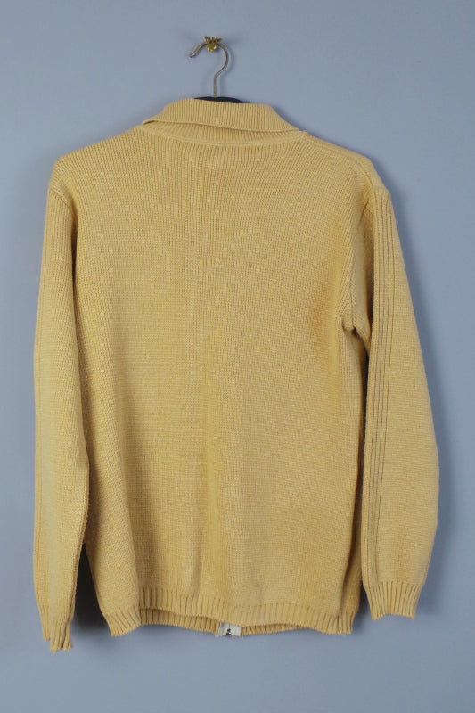 1960s Light Tan Zip-Up Collared Knit Cardigan, 42in Chest