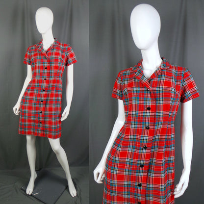 1950s Classic Red Tartan Short Sleeve Fitted Vintage Dress