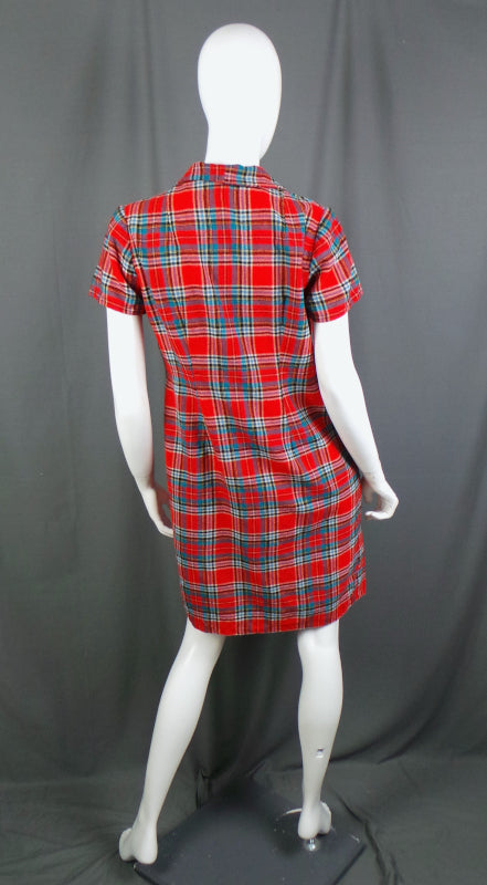 1950s Classic Red Tartan Short Sleeve Fitted Dress, 41in Bust