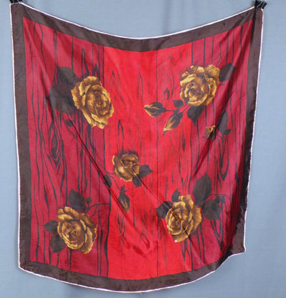 1950s Red Golden Rose Silk Vintage Scarf