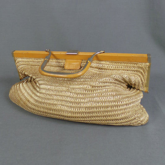 1970s Camel Raffia Woven Straw Vintage Bag with Handle