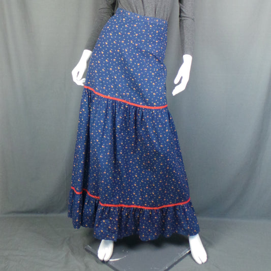 1960s Dark Blue and Red Floral Tiered Vintage Prairie Skirt
