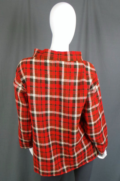 1970s Red Tartan Wool Artists Tunic Top, by Catherine Poulson, 42in Bust