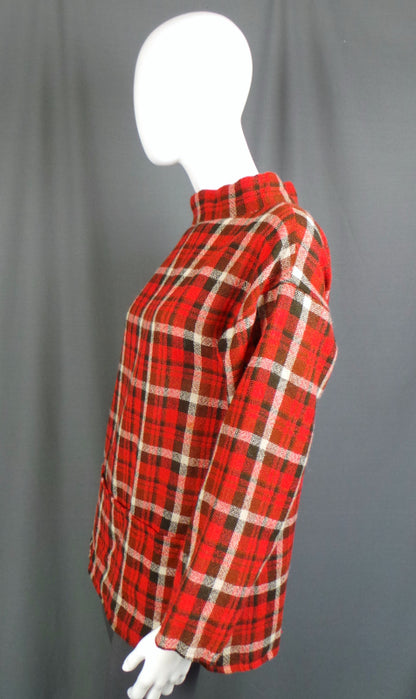 1970s Red Tartan Wool Artists Tunic Top, by Catherine Poulson, 42in Bust