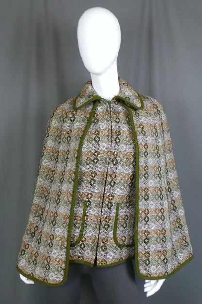 1960s Forest Green Welsh Wool Waistcoat Cape | S