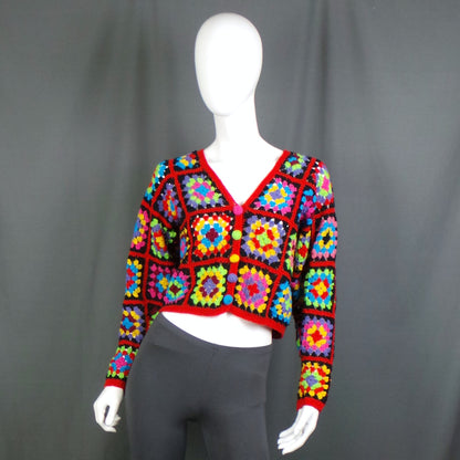 1980s Black and Bright Colour Crochet Cropped Vintage Cardigan