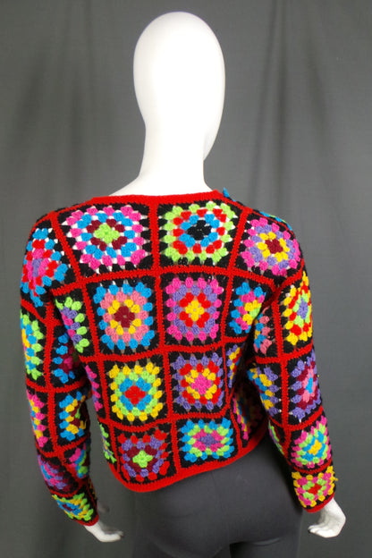 1980s Black and Bright Colour Crochet Cropped Cardigan, 38in Bust