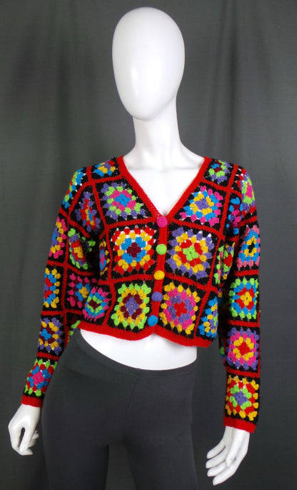 1980s Black and Bright Colour Crochet Cropped Cardigan, 38in Bust