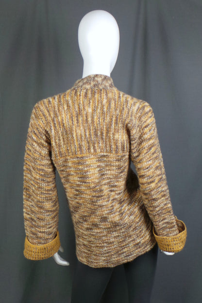 1970s Mustard and Brown Tie Neck Jumper with Big Sleeves, by Stirling Cooper, 40in Bust