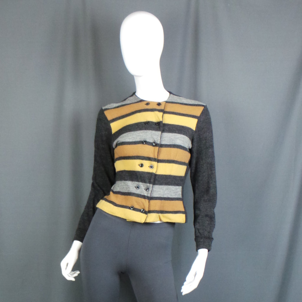1950s Dark Charcoal, Yellow and Grey Striped Double Breasted Vintage Wool Cardigan, by Wolsey