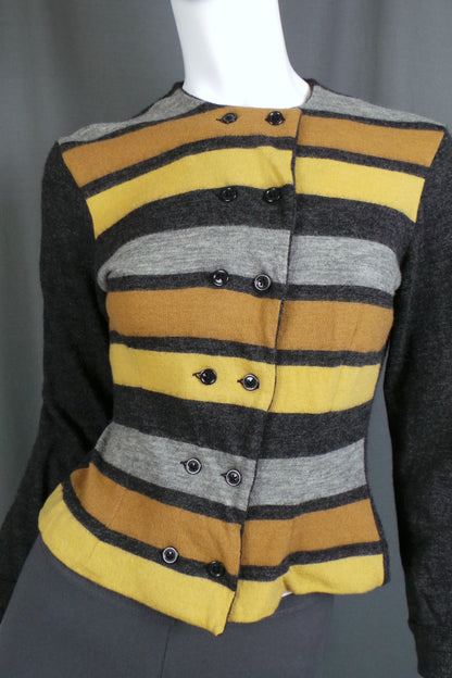 1950s Dark Charcoal, Yellow and Grey Striped Double Breasted Wool Cardigan, by Wolsey, 39in Bust
