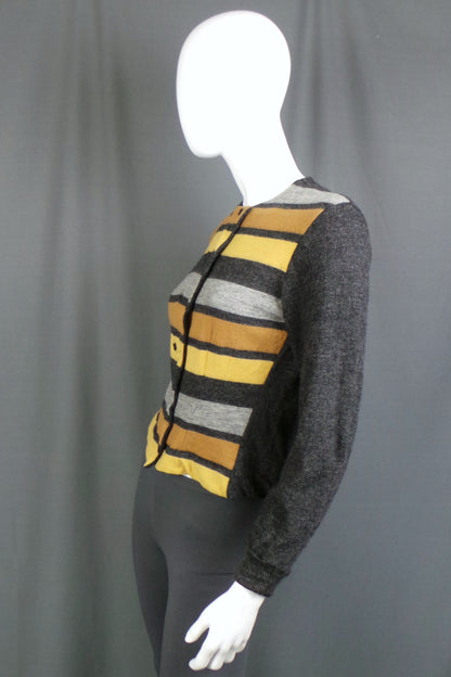 1950s Dark Charcoal, Yellow and Grey Striped Double Breasted Wool Cardigan, by Wolsey, 39in Bust
