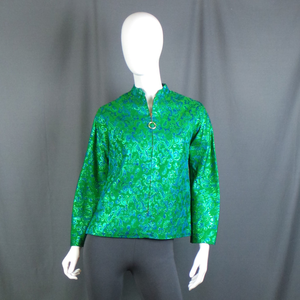 1960s Green and Blue Paisley Lurex Brocade Quilted Vintage Jacket Top