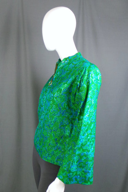 1960s Green and Blue Paisley Lurex Brocade Quilted Jacket Top, 39in Bust