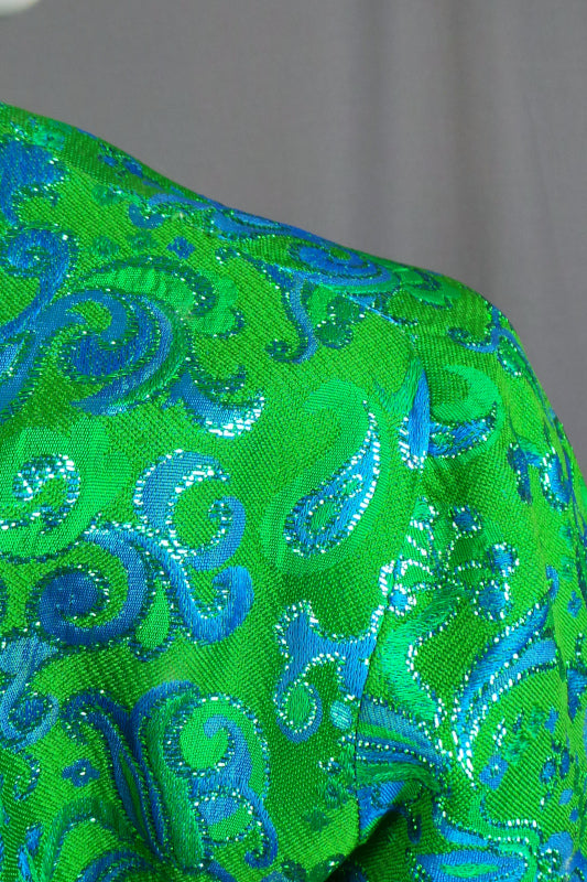 1960s Green and Blue Paisley Lurex Brocade Quilted Jacket Top, 39in Bust