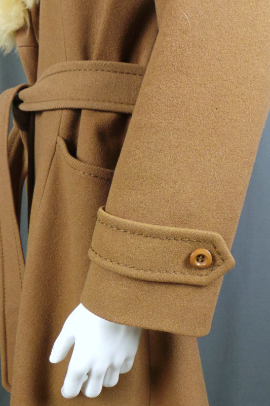 1970s Camel Sheepskin Collar Wool Belted Coat | C&A | XL