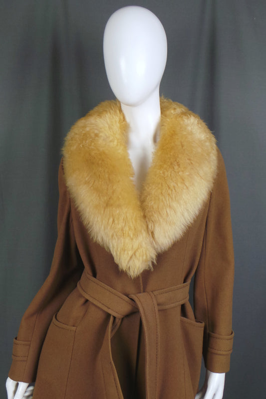 1970s Camel Sheepskin Collar Wool Belted Coat | C&A | XL