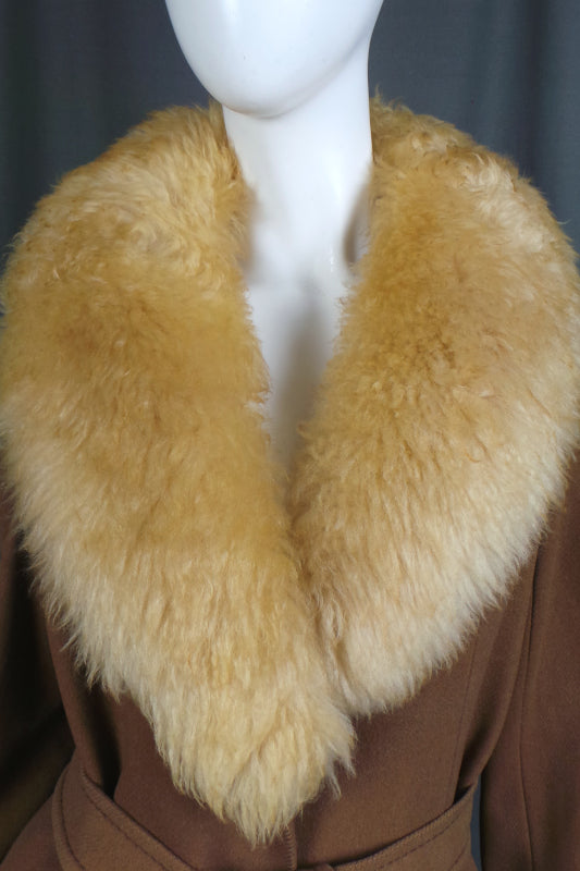 1970s Camel Sheepskin Collar Wool Belted Coat | C&A | XL