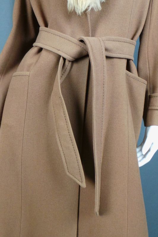 1970s Camel Sheepskin Collar Wool Belted Coat | C&A | XL