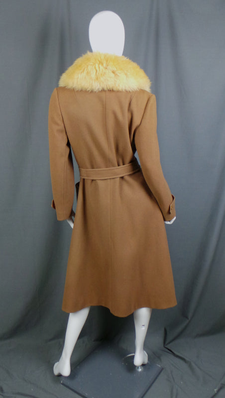 1970s Camel Sheepskin Collar Wool Belted Coat | C&A | XL