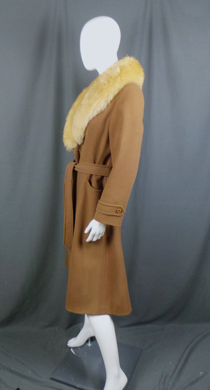 1970s Camel Sheepskin Collar Wool Belted Coat | C&A | XL