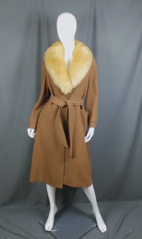 1970s Camel Sheepskin Collar Wool Belted Vintage Coat | C&A