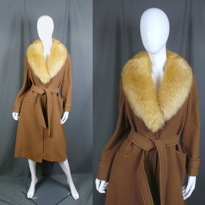 1970s Camel Sheepskin Collar Wool Belted Vintage Coat | C&A