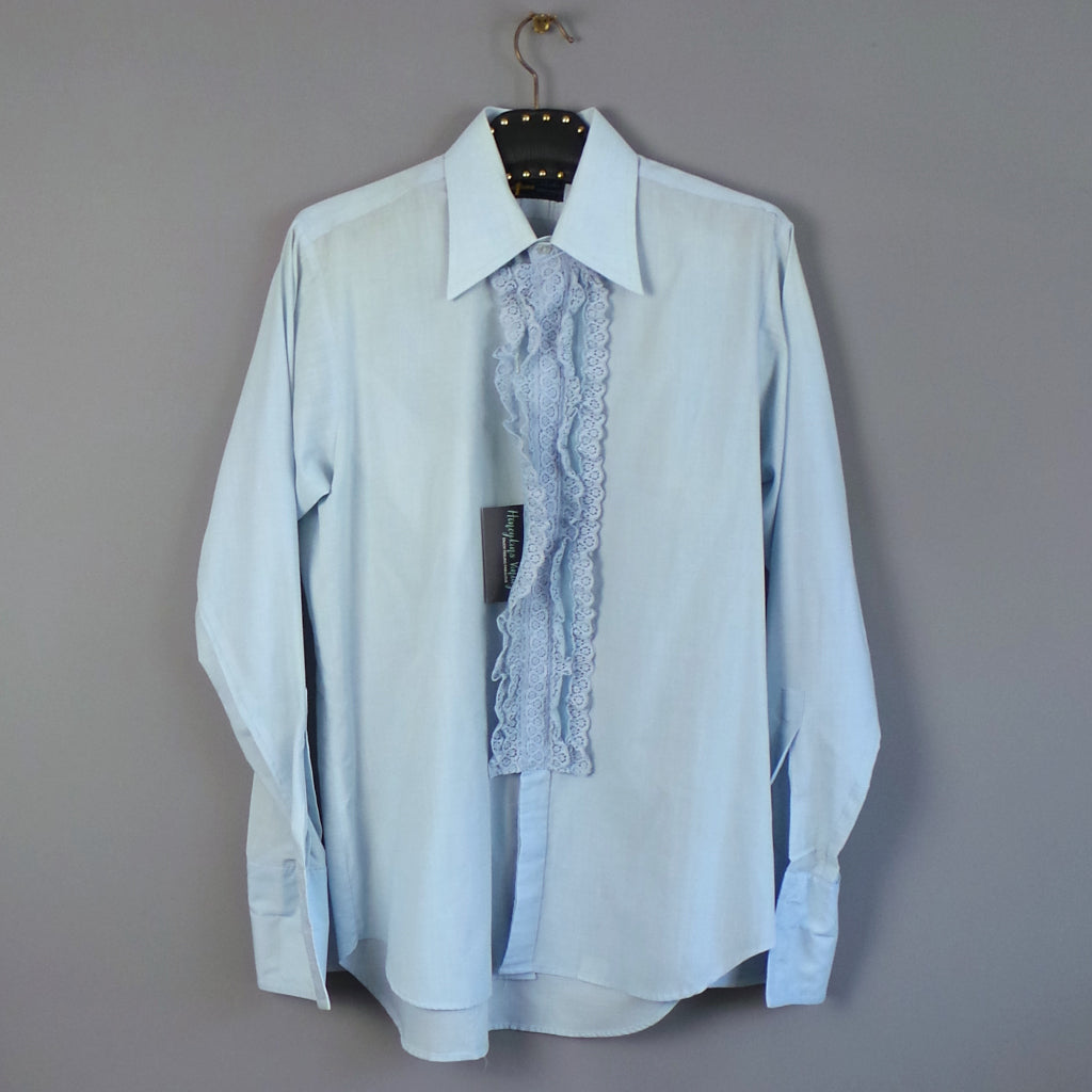 1970s Light Blue Double Cuff Vintage Mens Shirt with Lace Frill Front