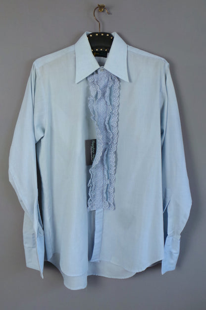 1970s Light Blue Double Cuff Shirt with Lace Frill Front, 44in Chest
