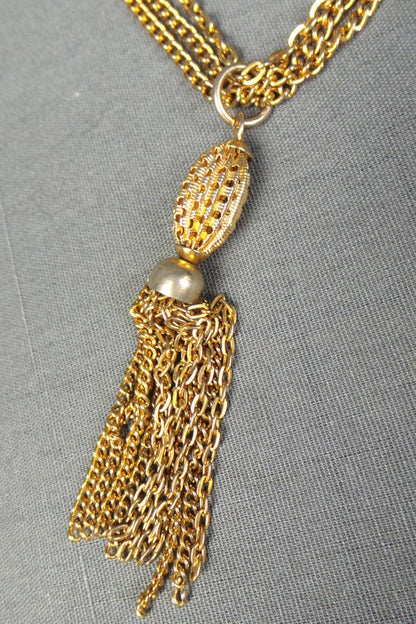 1970s Gold Tone Three Chain Tassel Necklace