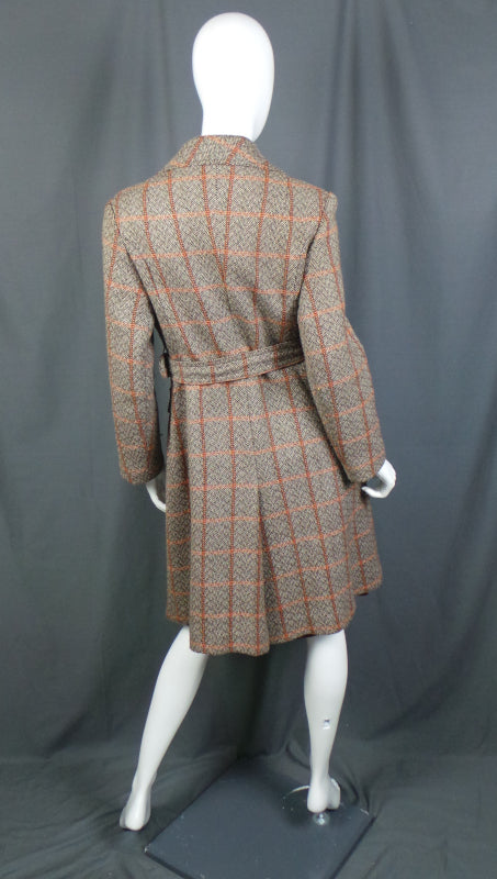1970s Brown Orange Check Wool Mac Coat | M