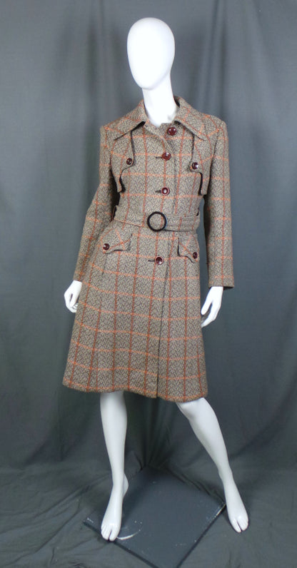 1970s Brown Orange Check Wool Vintage Mac Coat