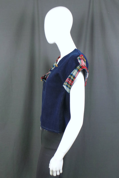 1970s Denim and Tartan Front Pocket Top, 35in Bust