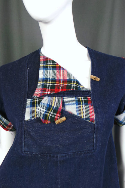 1970s Denim and Tartan Front Pocket Top, 35in Bust
