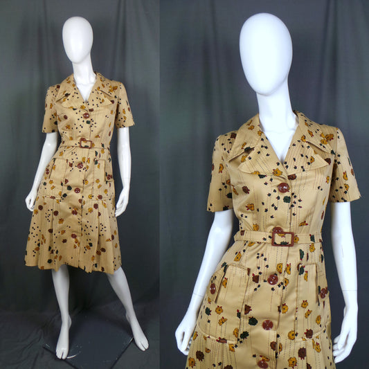 1970s Tan Autumn Floral Belted Vintage Dress, by C&A