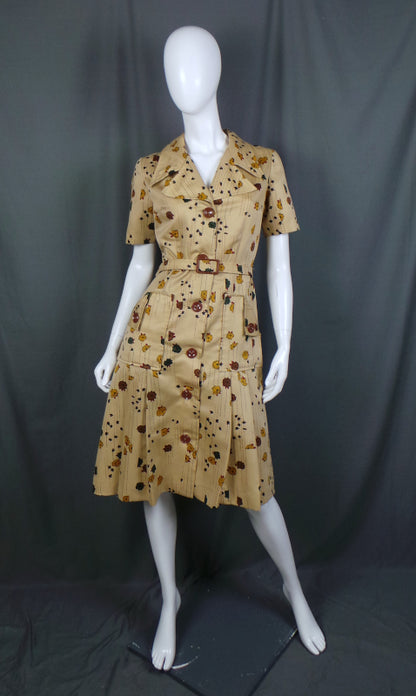 1970s Tan Autumn Floral Belted Dress, by C&A, 39in Bust