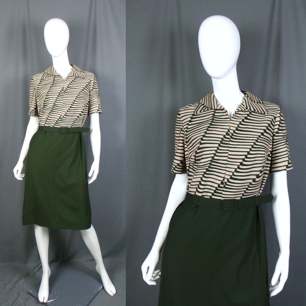 1960s Deep Olive Green and Ecru Belted Vintage Dress, by Hucke