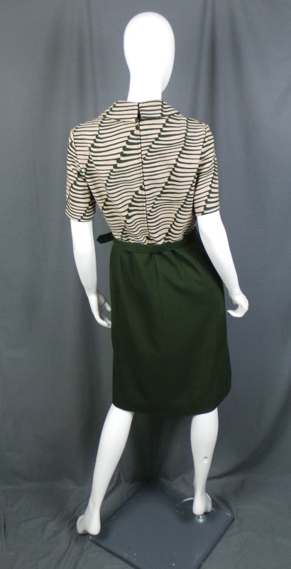 1960s Deep Olive Green and Ecru Belted Dress, by Hucke, 40in Bust