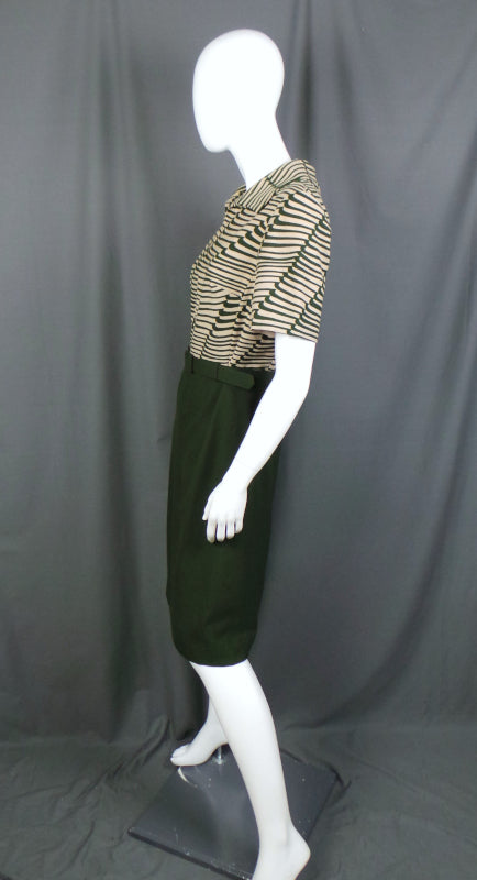 1960s Deep Olive Green and Ecru Belted Vintage Dress | Hucke