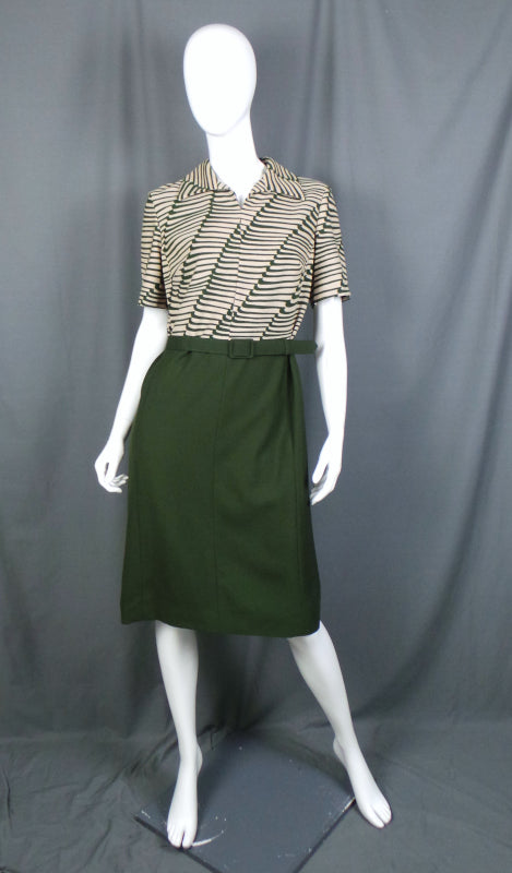1960s Deep Olive Green and Ecru Belted Dress, by Hucke, 40in Bust