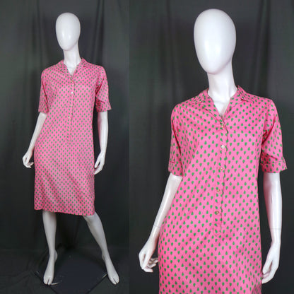 1960s Bright Pink Vintage Silk Dress with Green Ladybird Print