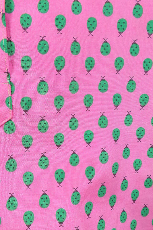 1960s Pink and Green Ladybird Print Silk Dress | M