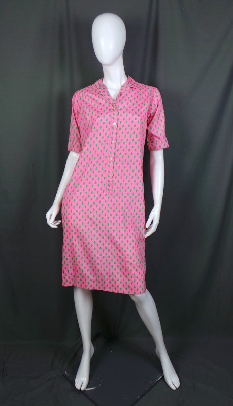 1960s Pink and Green Ladybird Print Silk Vintage Dress