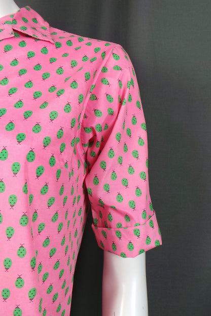 1960s Pink and Green Ladybird Print Silk Dress | M