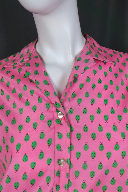 1960s Bright Pink Silk Dress with Green Ladybird Print, 40in Bust