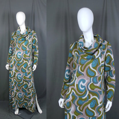 1960s Blue and Green Swirl Print Cowl Vintage Maxi Dress