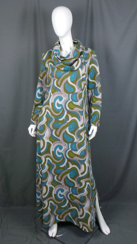 1960s Blue & Green Swirl Cowl Vintage Maxi Dress