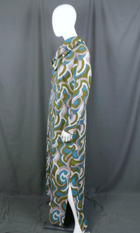 1960s Blue and Green Swirl Print Cowl Maxi Dress, 45in Bust