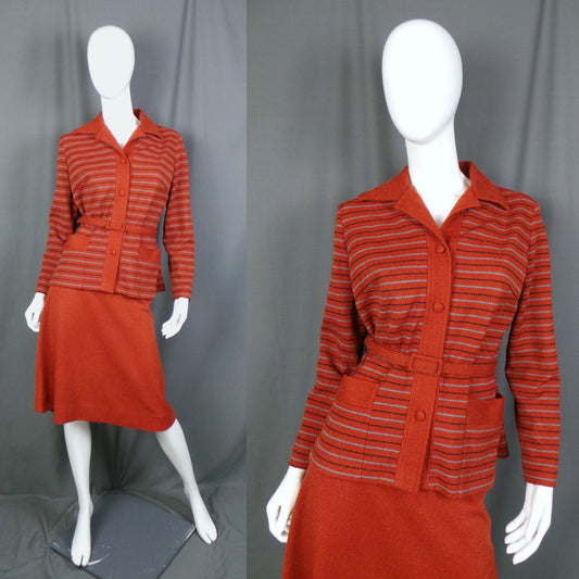 1970s Terracotta Striped Boucle Skirt Vintage Suit Set, by Queenswear