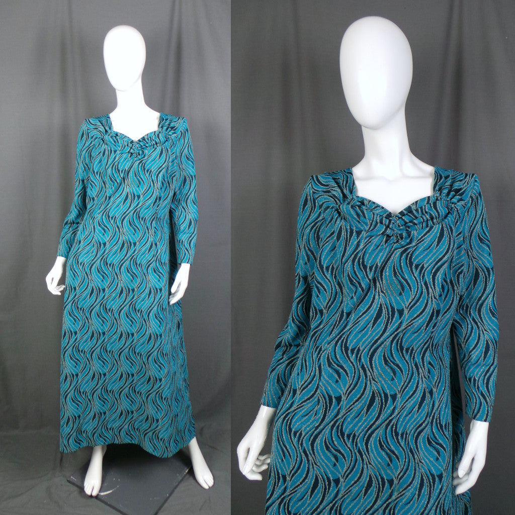 1960s Blue Lurex Swirl Print Sweetheart Neckline Vintage Maxi Dress, by Jeannie